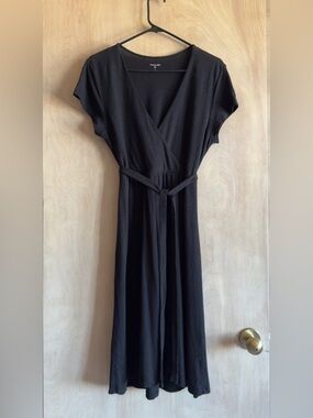 Garnet Hill Black Faux Wrap Dress Linen Blend Knit Tie Waist Women’s Midi S